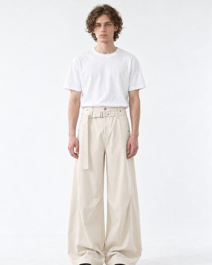 Self-Belt Riveted Wide-Leg Trousers
