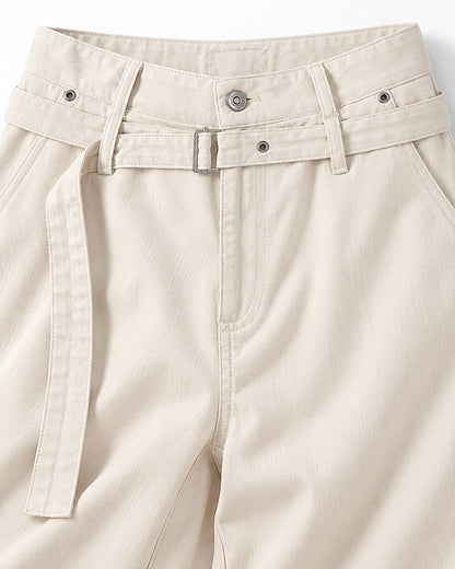 Self-Belt Riveted Wide-Leg Trousers