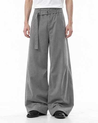 Self-Belt Riveted Wide-Leg Trousers
