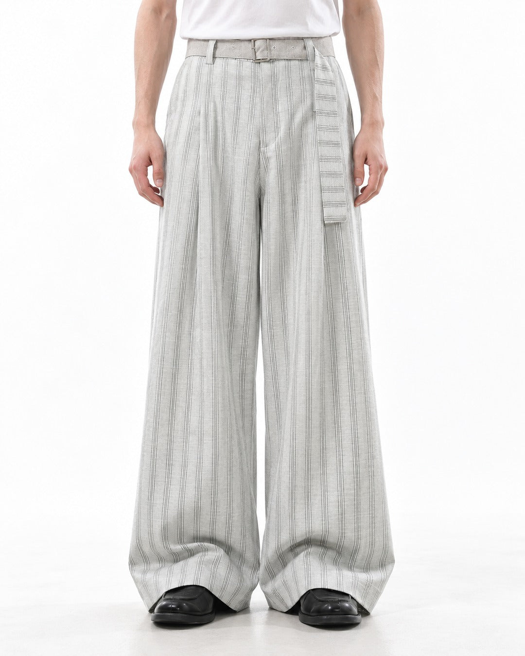Belted Striped Wide Trousers