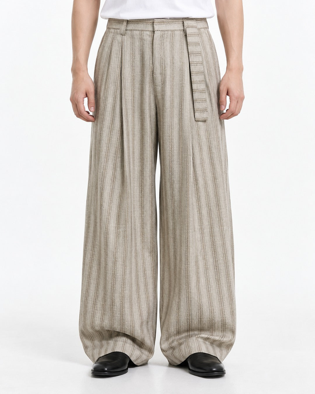 Belted Striped Wide Trousers