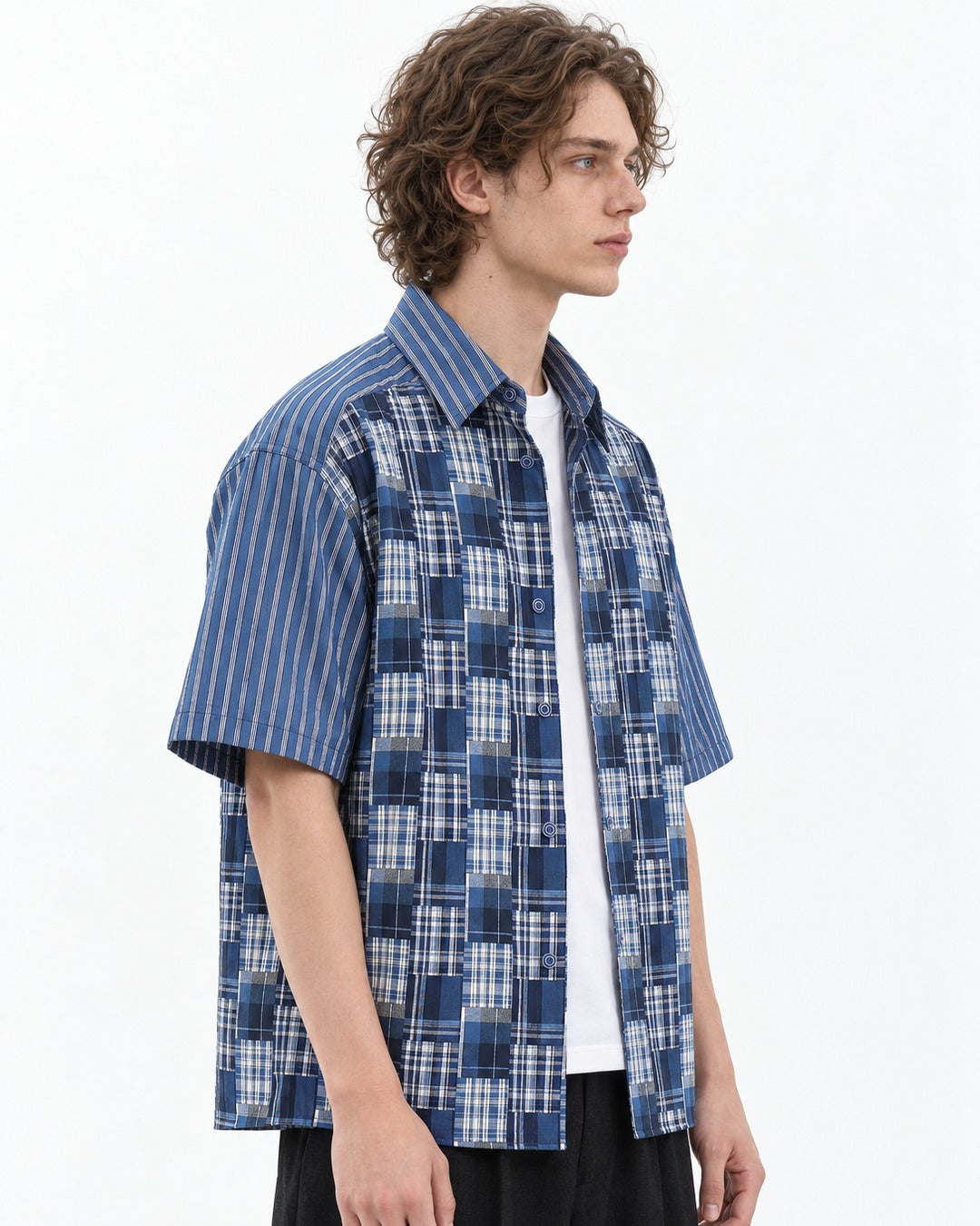 Plaid Patchwork Short Sleeve Shirt