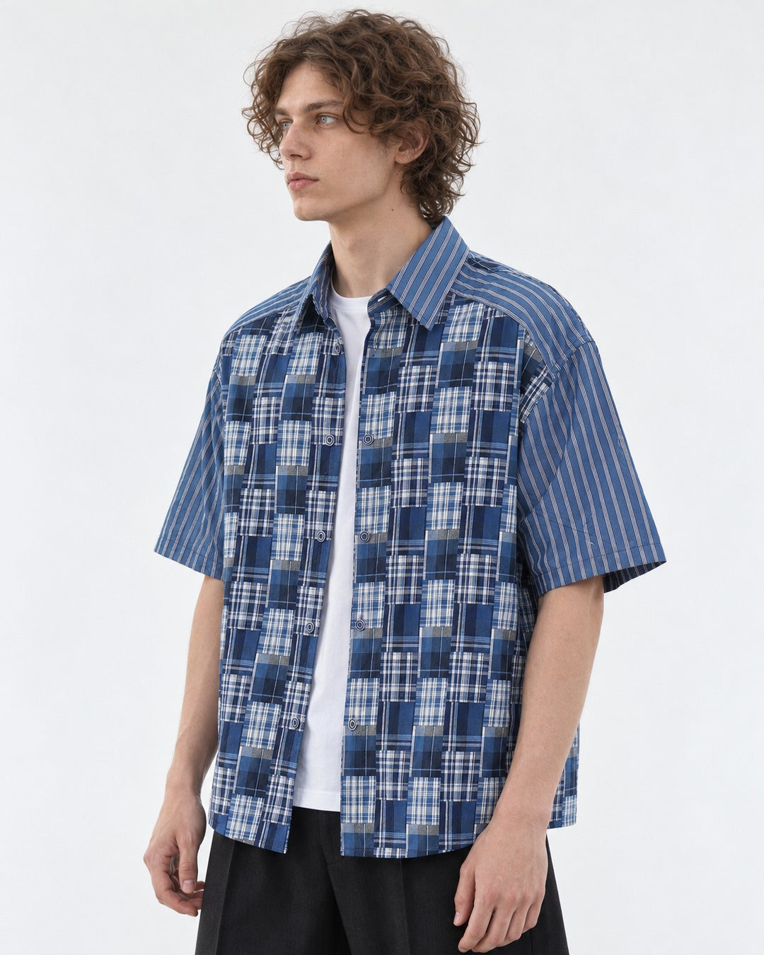 Plaid Patchwork Short Sleeve Shirt