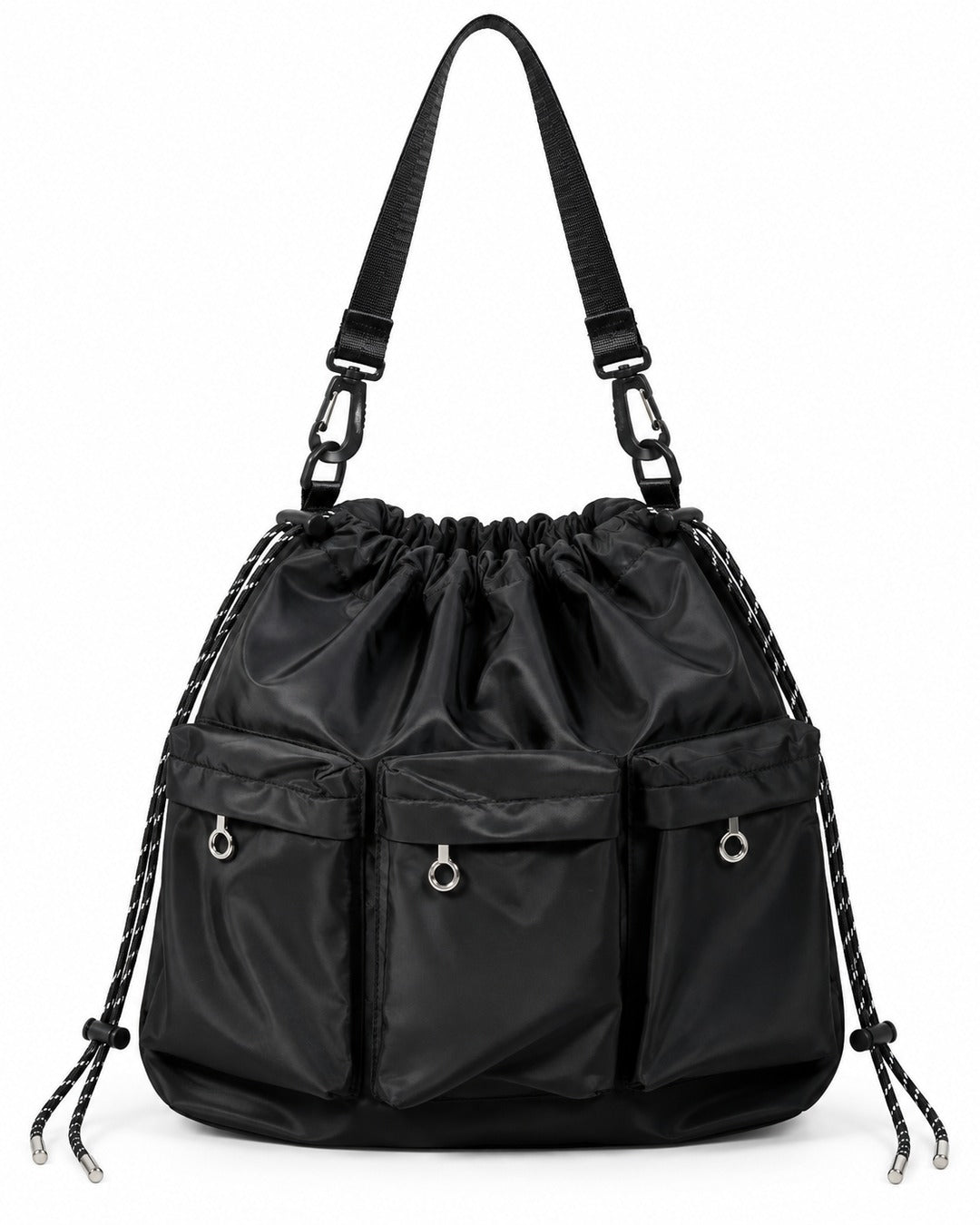 Three-Pocket Drawstring Bucket Bag with Carabiner Strap