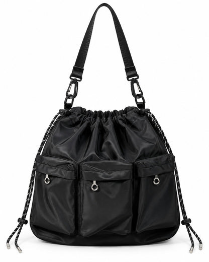 Three-Pocket Drawstring Bucket Bag with Carabiner Strap