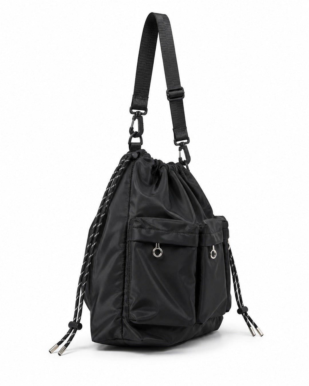 Three-Pocket Drawstring Bucket Bag with Carabiner Strap