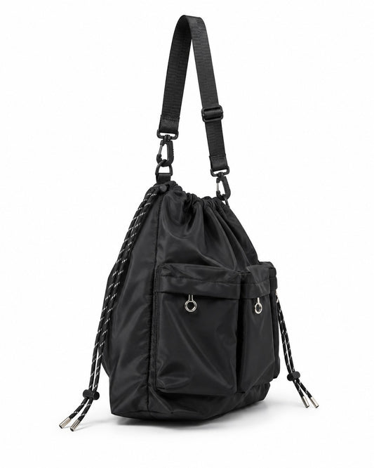 Three-Pocket Drawstring Bucket Bag with Carabiner Strap