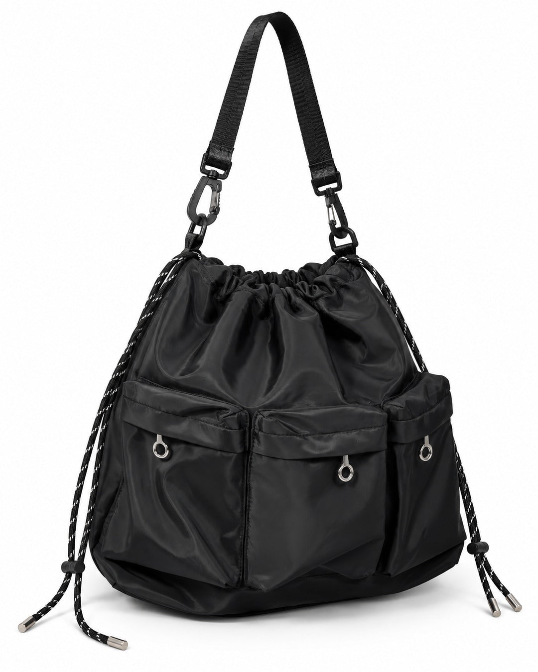 Three-Pocket Drawstring Bucket Bag with Carabiner Strap