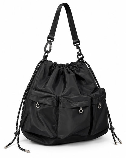 Three-Pocket Drawstring Bucket Bag with Carabiner Strap