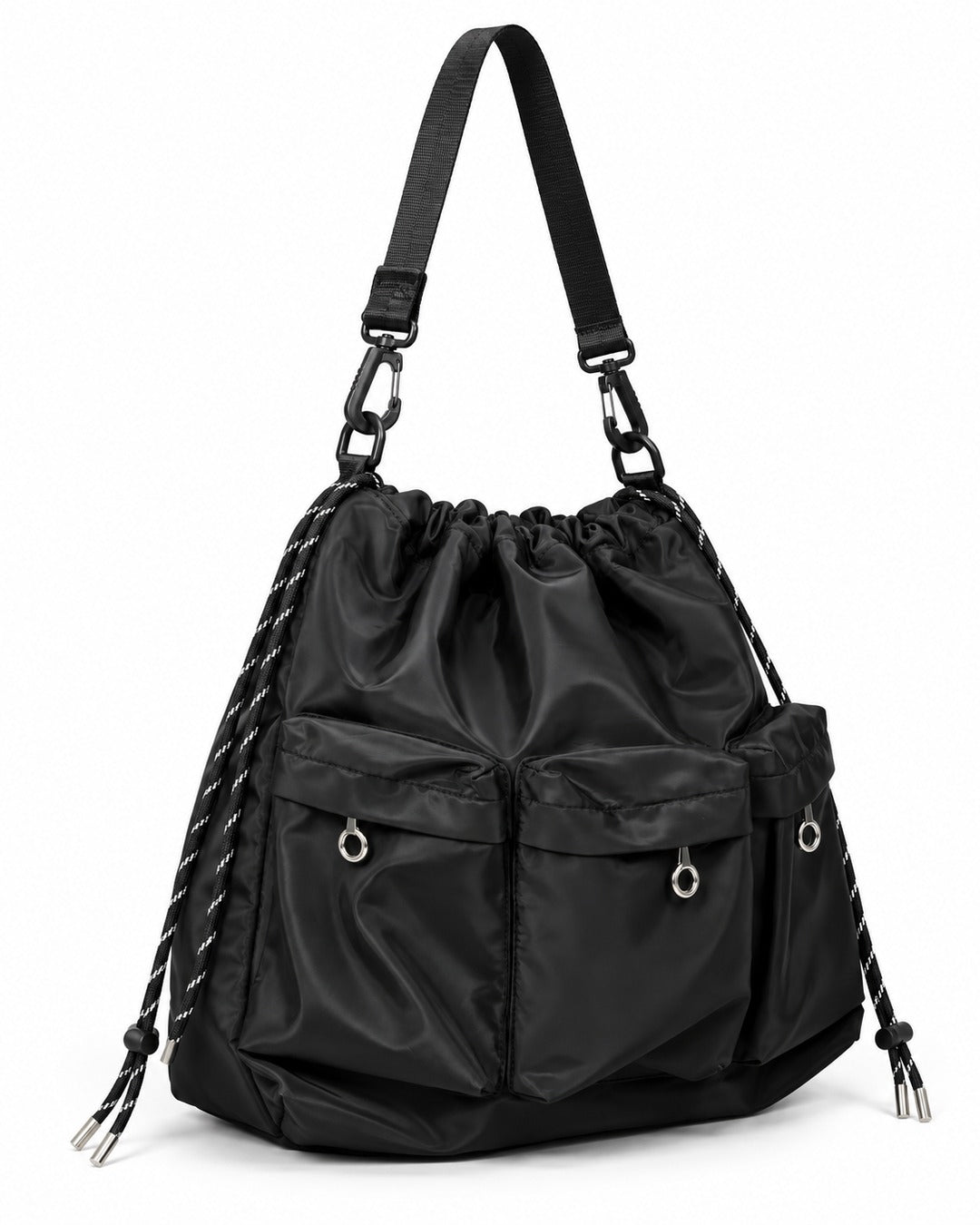 Three-Pocket Drawstring Bucket Bag with Carabiner Strap