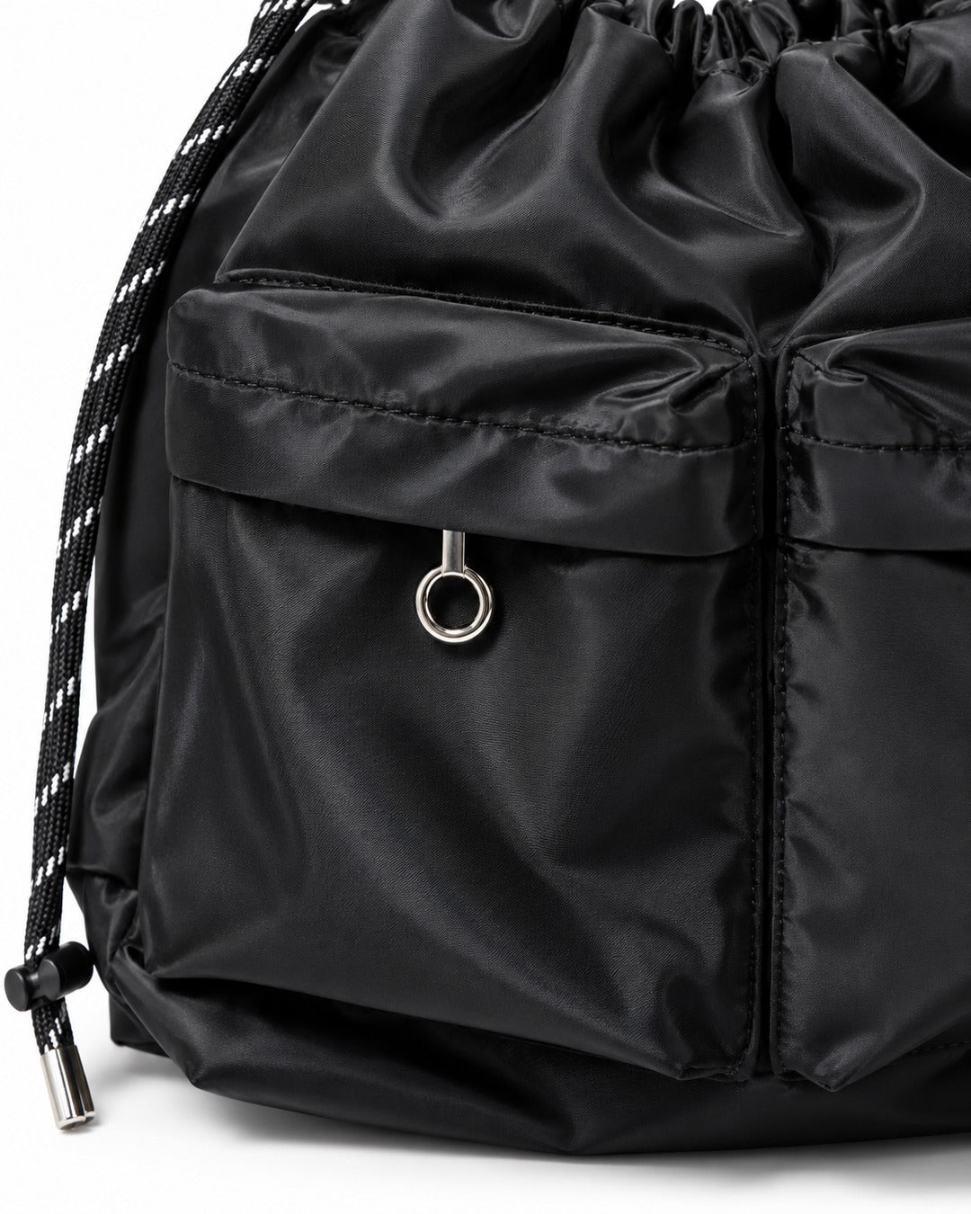 Three-Pocket Drawstring Bucket Bag with Carabiner Strap