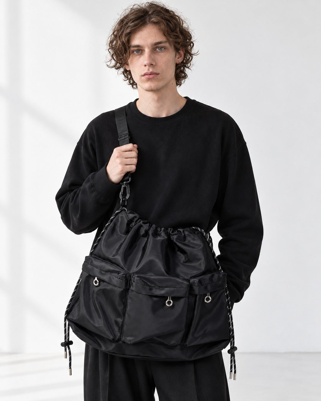 Three-Pocket Drawstring Bucket Bag with Carabiner Strap