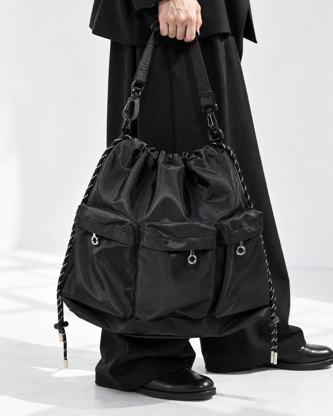 Three-Pocket Drawstring Bucket Bag with Carabiner Strap
