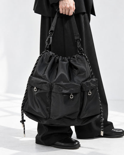 Three-Pocket Drawstring Bucket Bag with Carabiner Strap