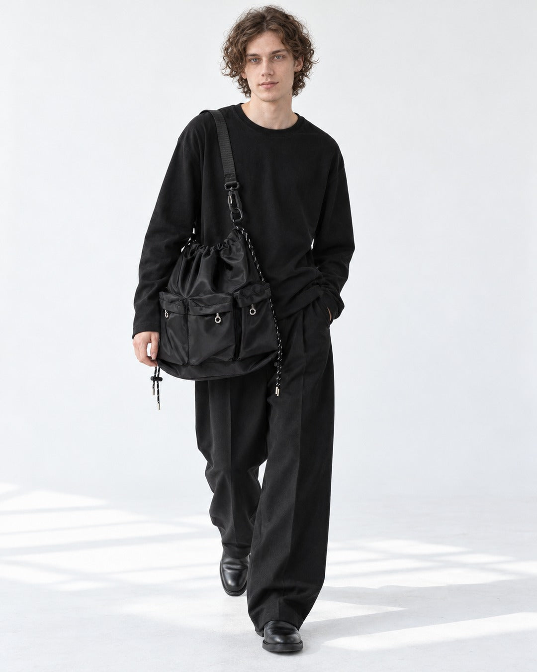 Three-Pocket Drawstring Bucket Bag with Carabiner Strap