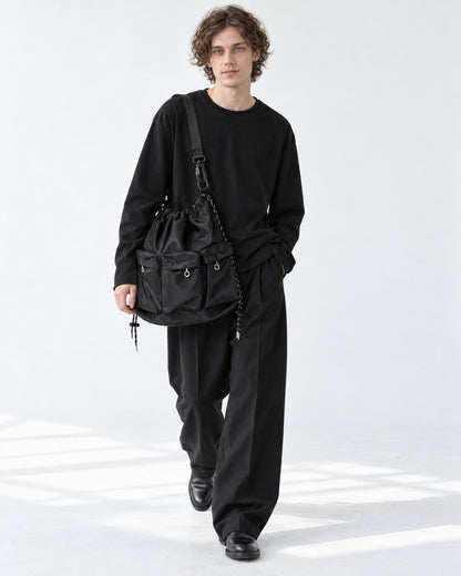 Three-Pocket Drawstring Bucket Bag with Carabiner Strap