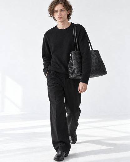 Woven Panel Double-Handle Tote Bag
