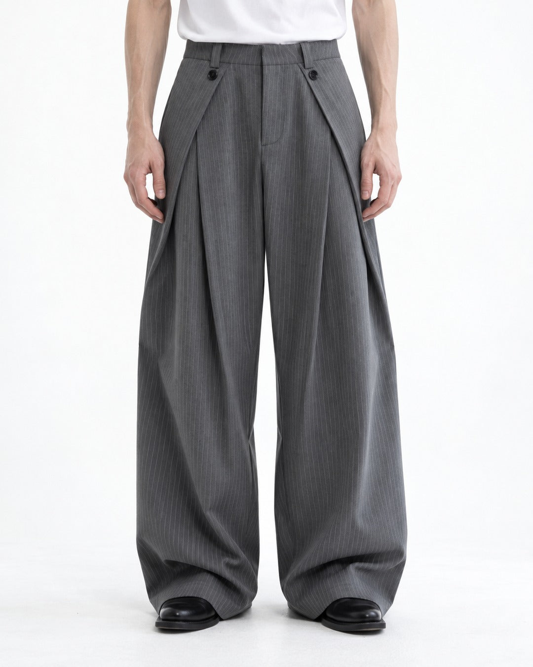 Button-Tab Wrap Wide-Leg Trousers