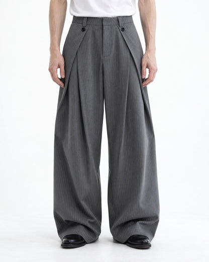 Button-Tab Wrap Wide-Leg Trousers