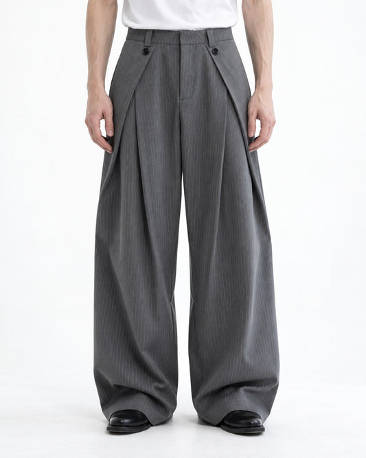 Button-Tab Wrap Wide-Leg Trousers