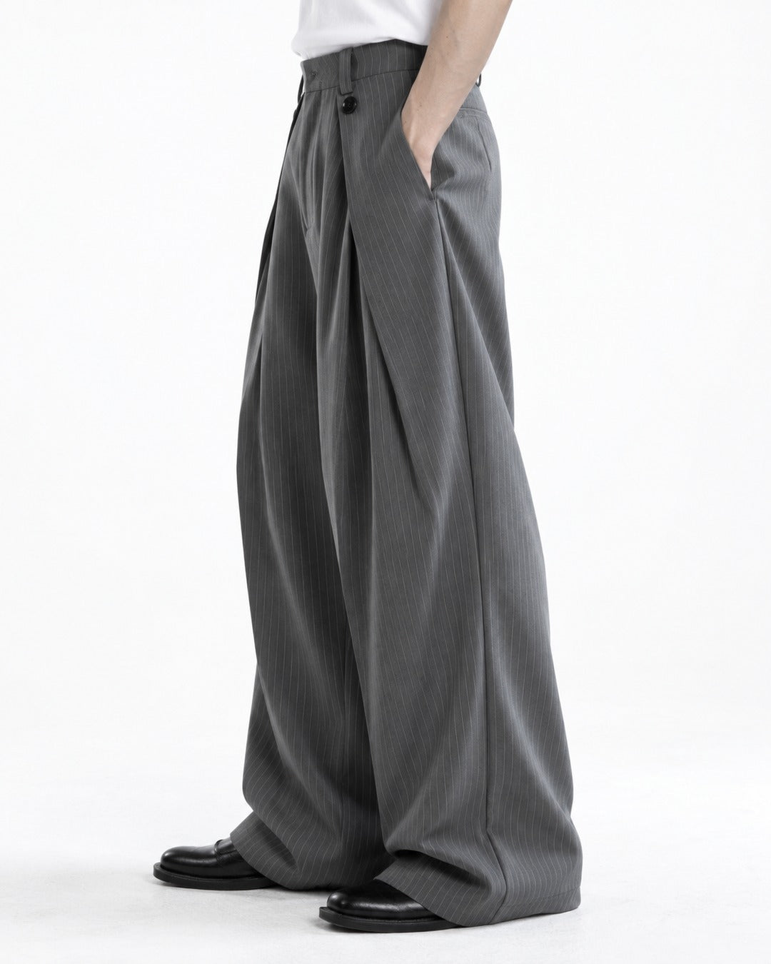 Button-Tab Wrap Wide-Leg Trousers