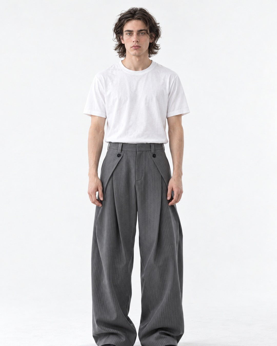 Button-Tab Wrap Wide-Leg Trousers
