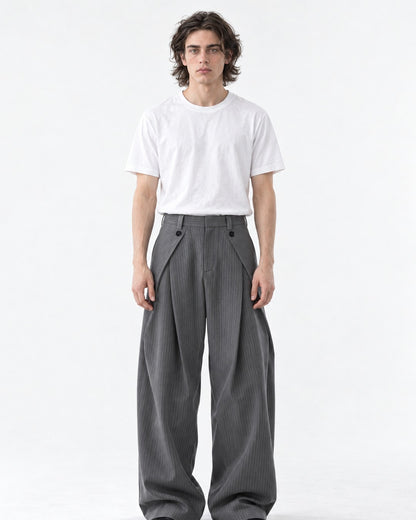 Button-Tab Wrap Wide-Leg Trousers
