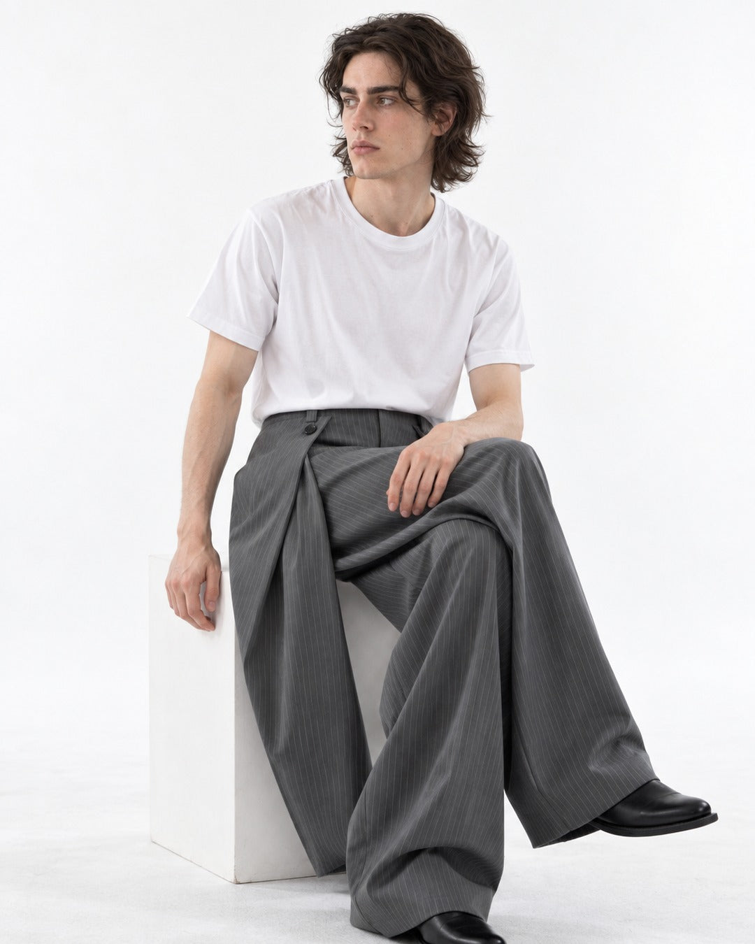 Button-Tab Wrap Wide-Leg Trousers