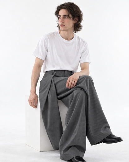 Button-Tab Wrap Wide-Leg Trousers