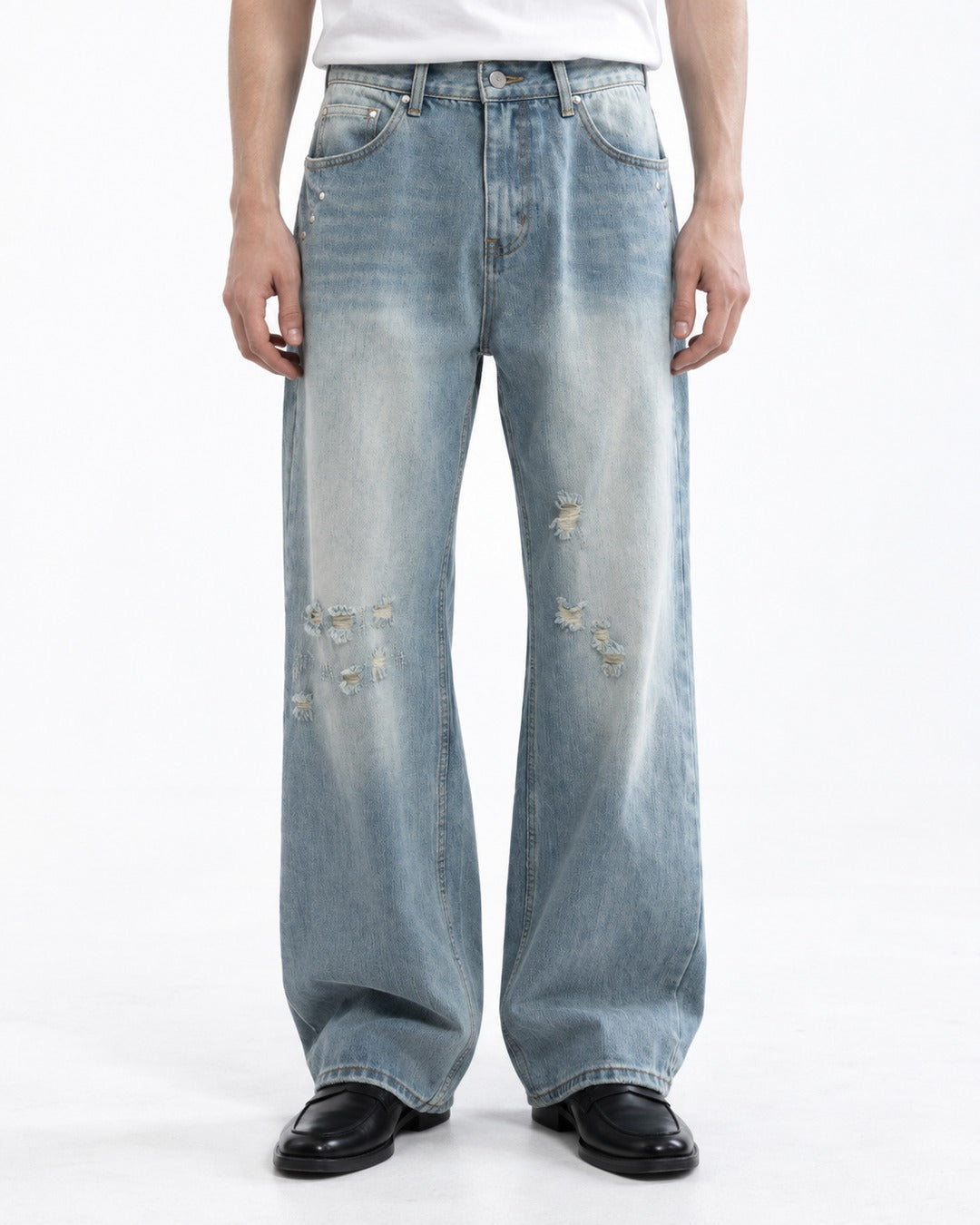 Faded Distressed Wide-Leg Jeans