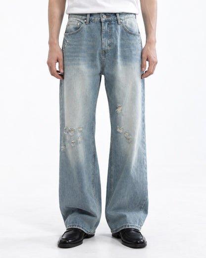 Faded Distressed Wide-Leg Jeans