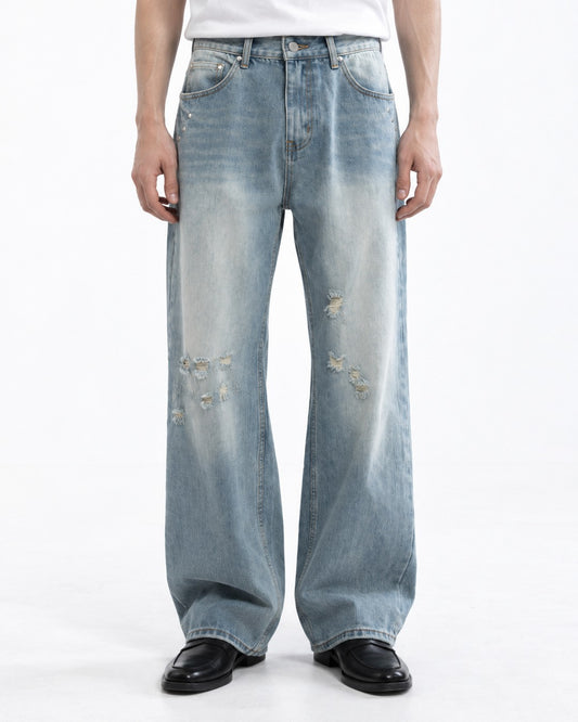 Faded Distressed Wide-Leg Jeans