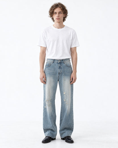 Faded Distressed Wide-Leg Jeans