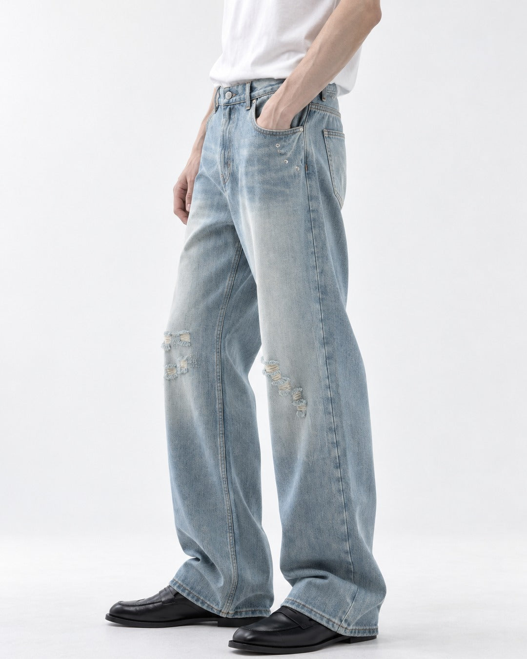 Faded Distressed Wide-Leg Jeans