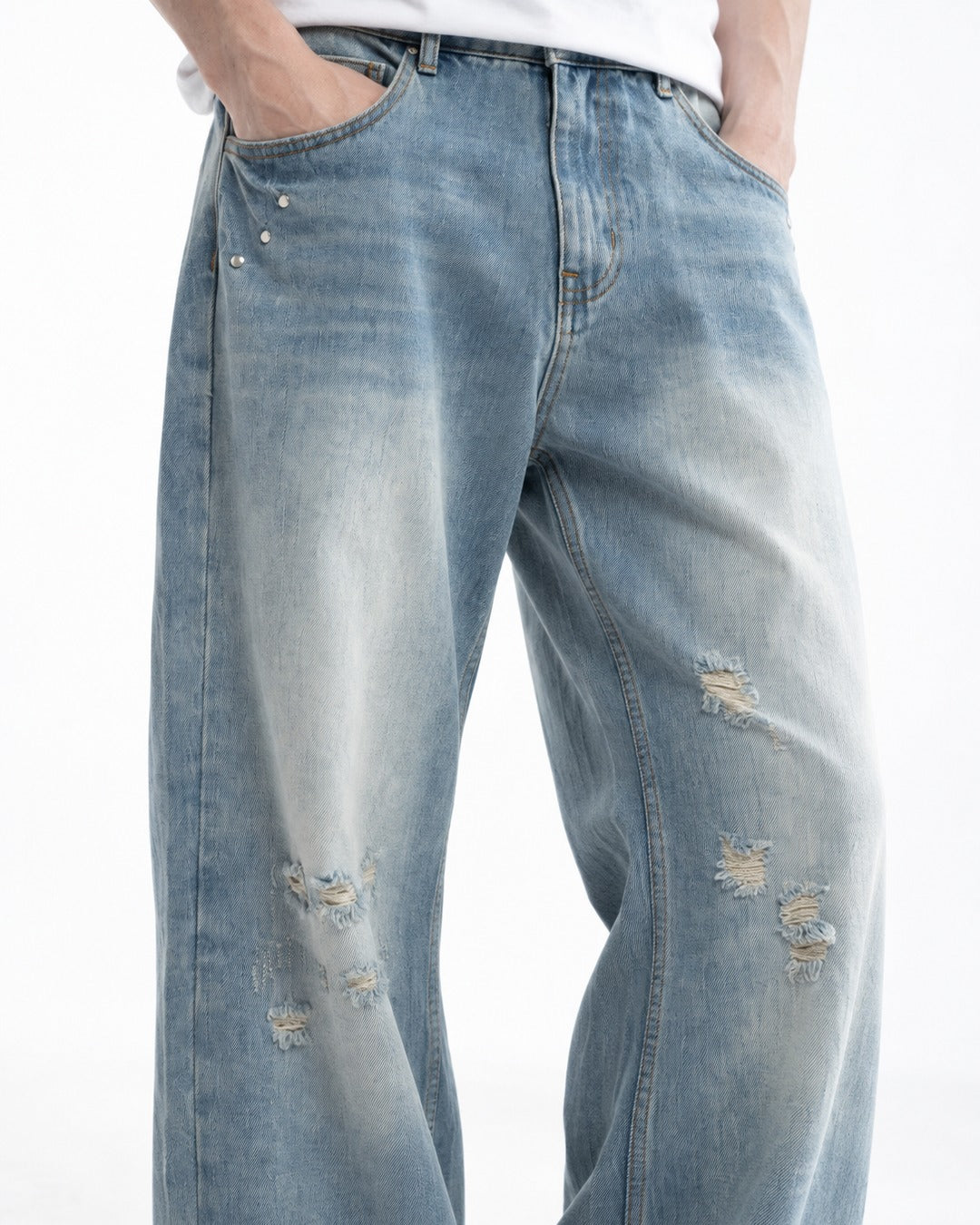 Faded Distressed Wide-Leg Jeans