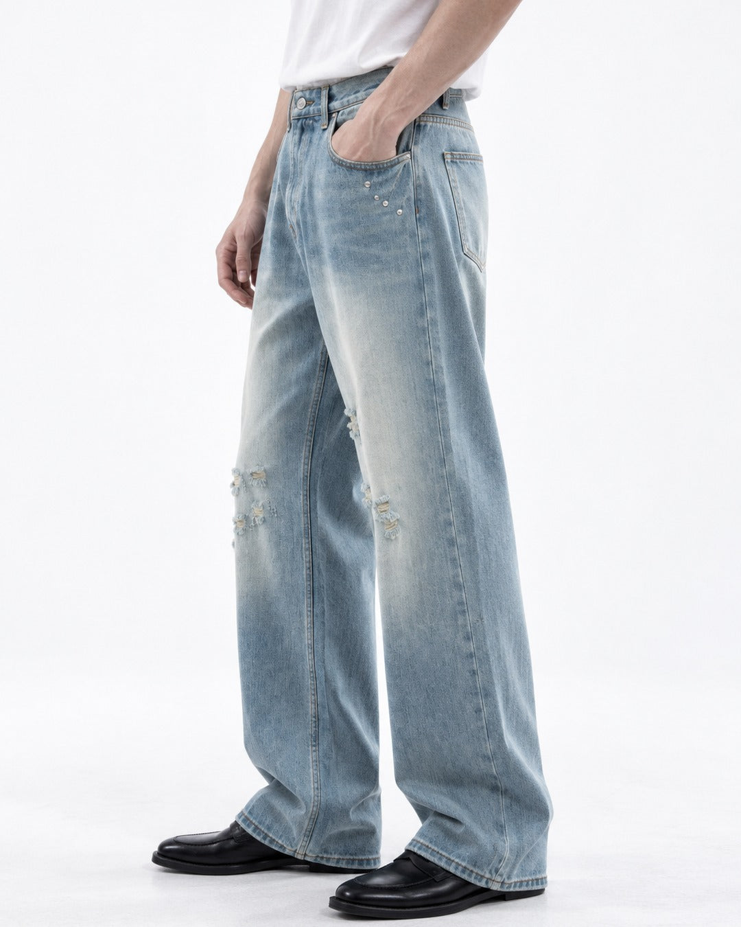 Faded Distressed Wide-Leg Jeans