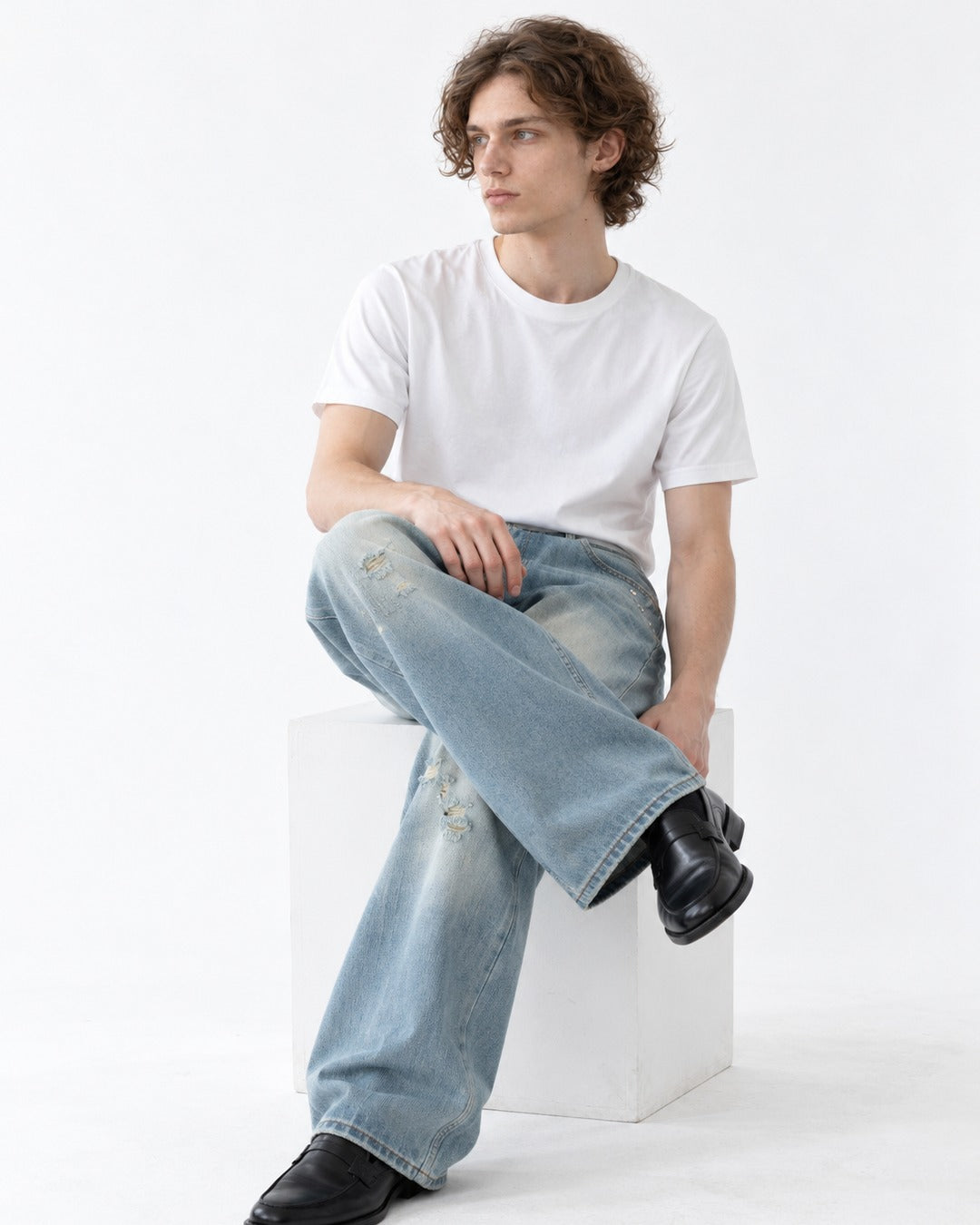 Faded Distressed Wide-Leg Jeans