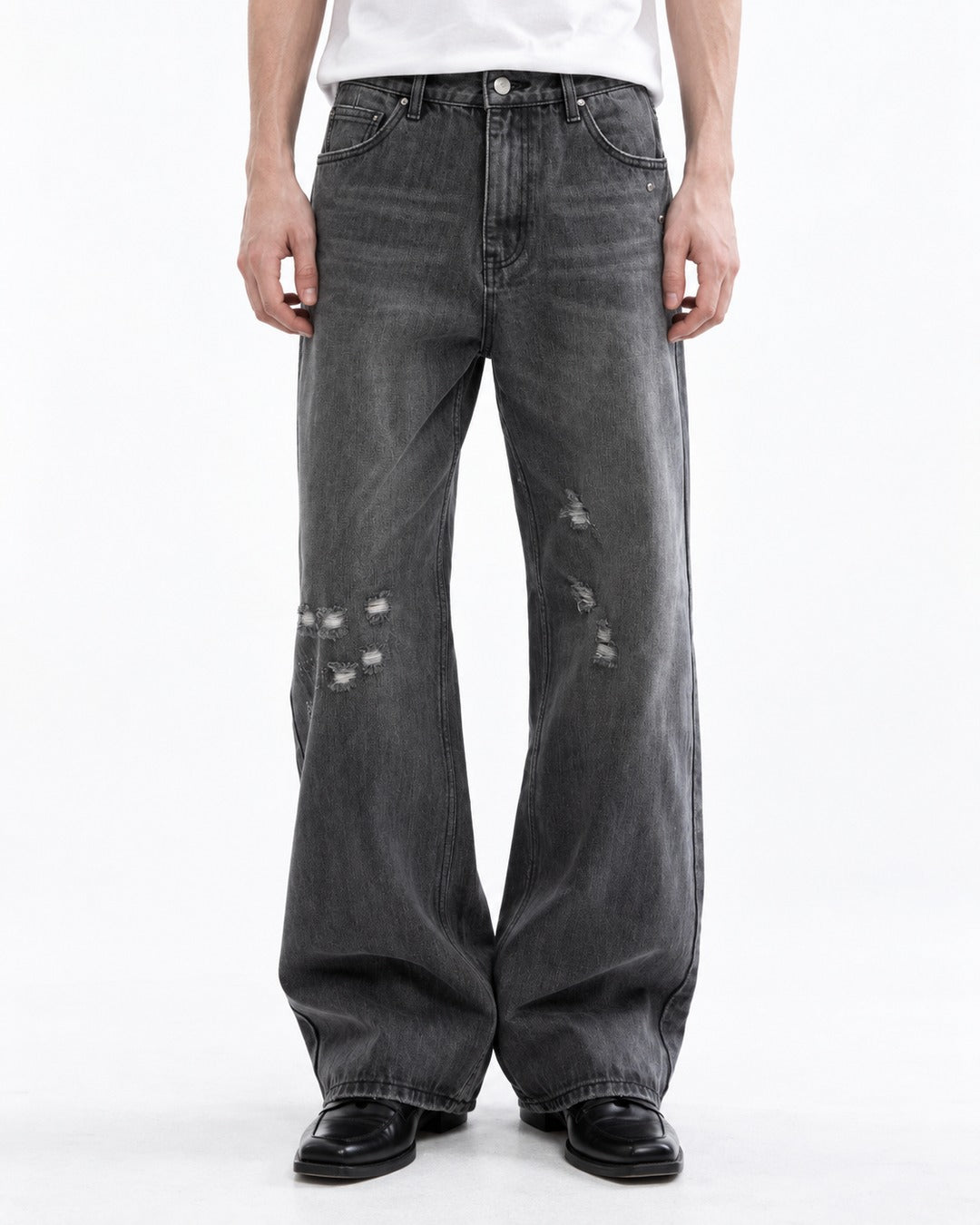 Faded Distressed Wide-Leg Jeans