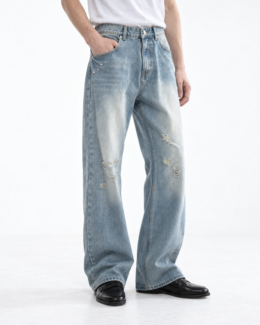 Faded Distressed Wide-Leg Jeans