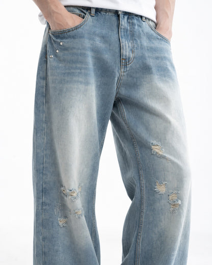 Faded Distressed Wide-Leg Jeans