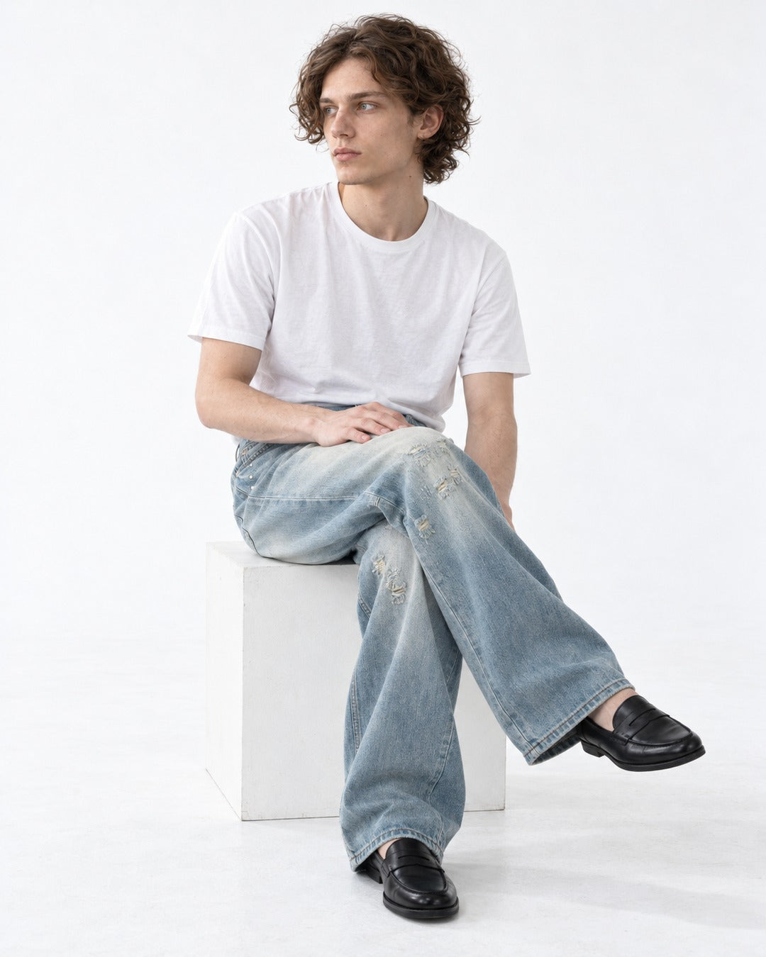 Faded Distressed Wide-Leg Jeans