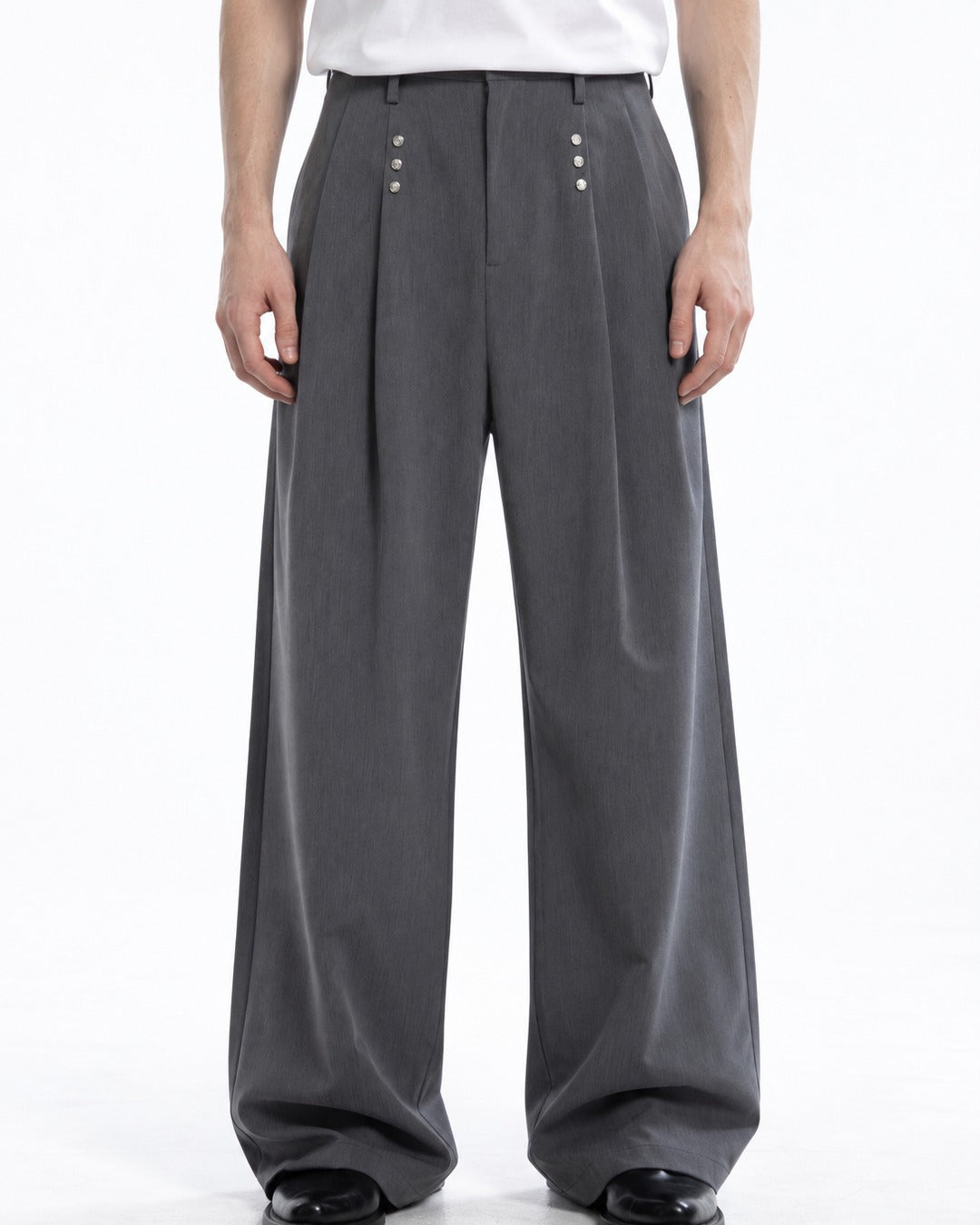 Multi-Snap Pleated Wide-Leg Trousers
