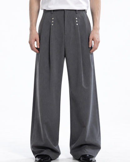Multi-Snap Pleated Wide-Leg Trousers