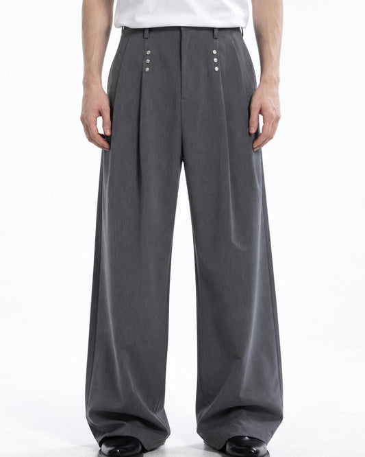 Multi-Snap Pleated Wide-Leg Trousers