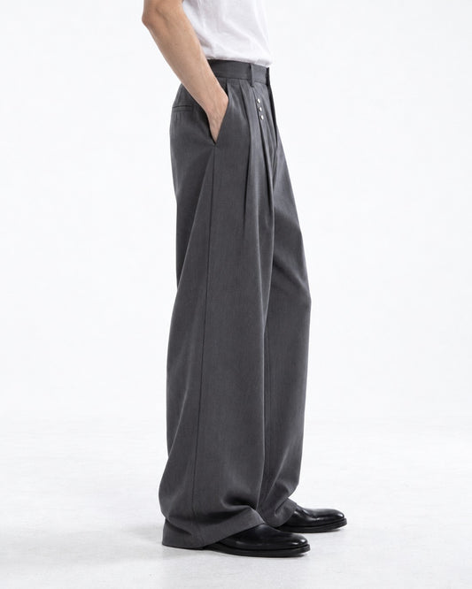 Multi-Snap Pleated Wide-Leg Trousers