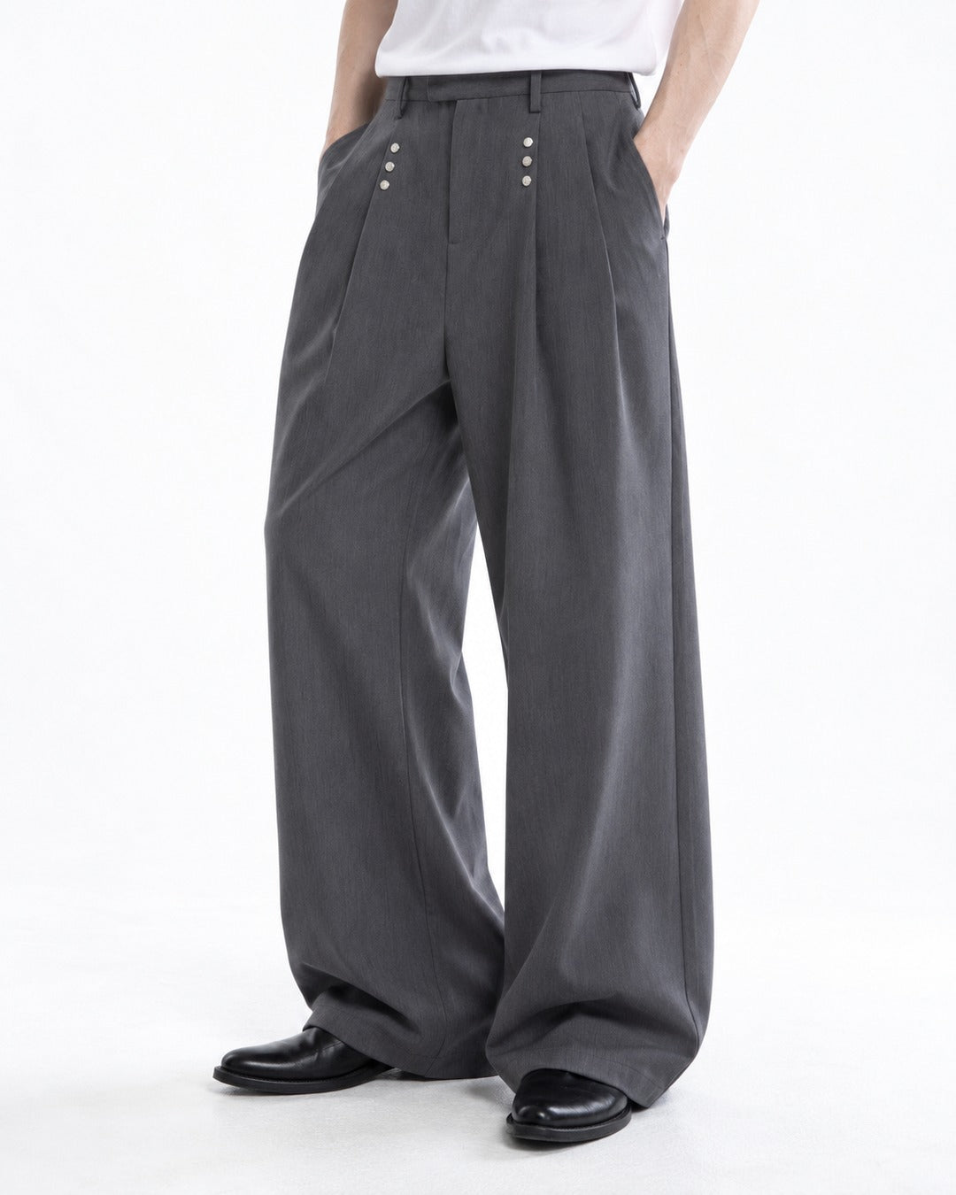 Multi-Snap Pleated Wide-Leg Trousers