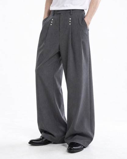 Multi-Snap Pleated Wide-Leg Trousers