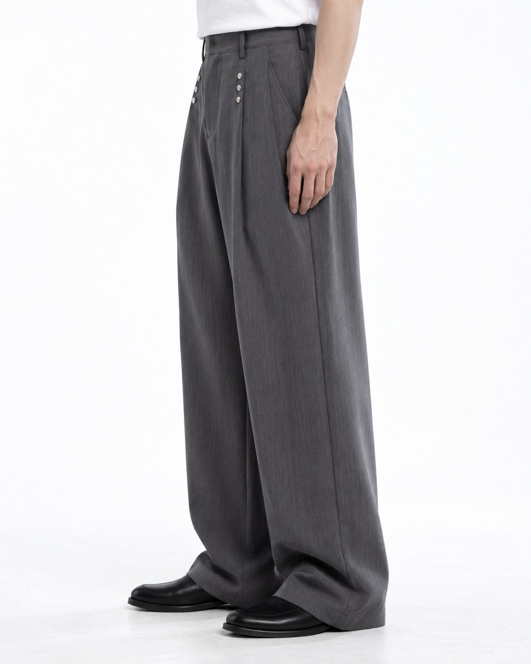 Multi-Snap Pleated Wide-Leg Trousers