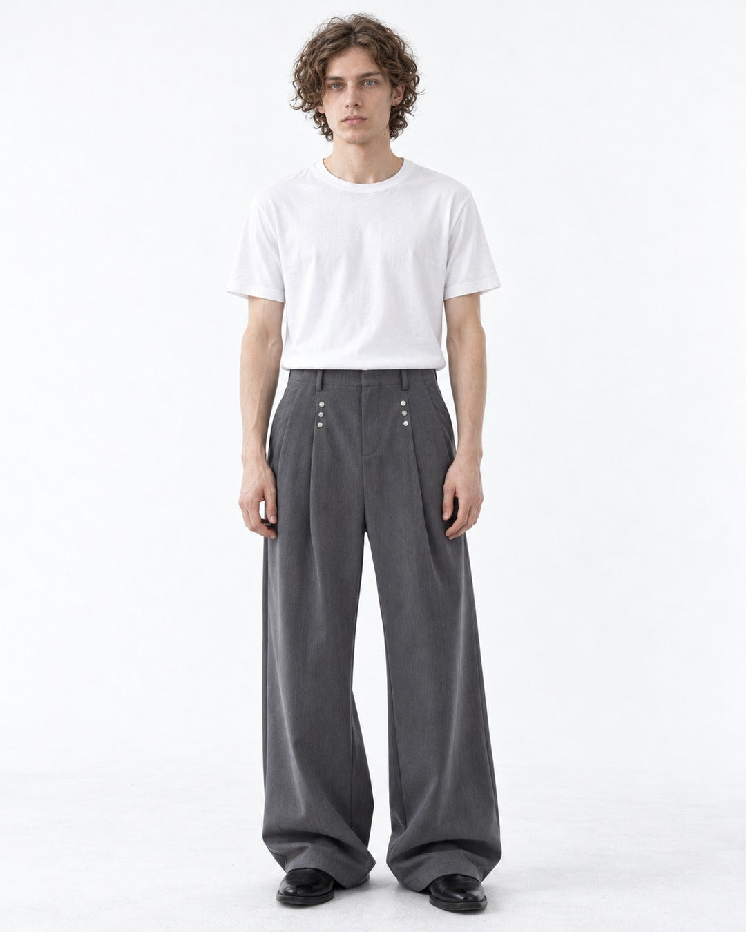 Multi-Snap Pleated Wide-Leg Trousers