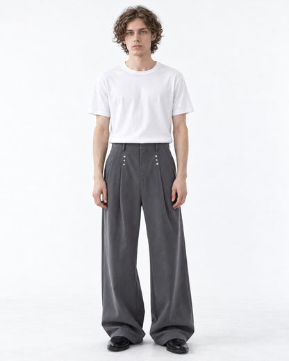 Multi-Snap Pleated Wide-Leg Trousers